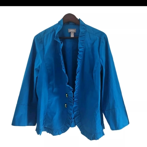 COPY - Chicos Blue Ruffled Open Cardigan 3/4 Sleeves Cotton Women Size 2 Large - Picture 1 of 6